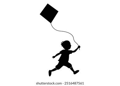 Child Running with Kite Silhouette Vector Illustration