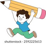 a child running with a large pencil. minimal line art vector illustration.