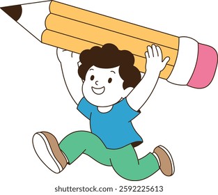 a child running with a large pencil. minimal line art vector illustration.