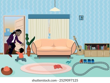 A child running to meet his mother as soon she walks into the living room from work. toys on the floor.