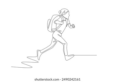 Child running to school. Pre school concept one-line drawing