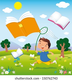 a child running through the fields in bloom chasing flying books.