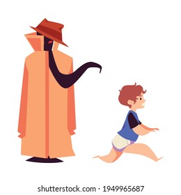 Child runs away in fear from an imaginary monster, vector illustration isolated.