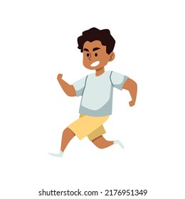 Child runs fast for physical development and sport activity, flat cartoon vector illustration isolated on white background. Toddler boy trains at sports training.