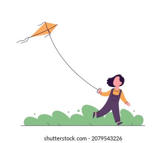 Un niño corre y vuela una cometa, jugando al aire libre. Ilustración vectorial plana.