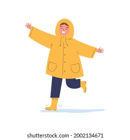 The child runs in the rain. Happy kid in a yellow raincoat during rain. Flat vector cartoon illustration isolated on white background.