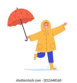 The child runs in the rain. Happy kid in a yellow raincoat under umbrella during rain. Flat vector cartoon illustration isolated on white background.