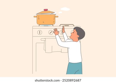 A criança corre o risco de se queimar e se machucar ao chegar a um pote de água fervente localizado no fogão da cozinha. Menino curioso tenta desligar o gás e não se queima devido à falta de cuidado dos pais