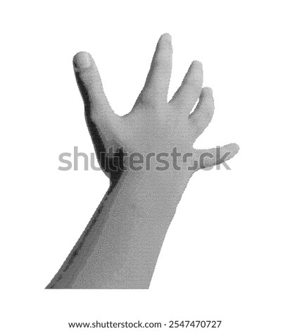 Child s hand gesture with outstretched fingers reaching to touch or hold something, isolated in retro halftone dot style. Nostalgic 1990s inspired design symbolizing motion and