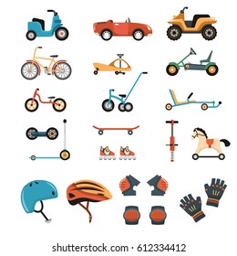 Child safety body protection sport equipment protective isolated images set with playcars bicycles kneecaps and helmets vector illustration