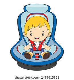Child safety car seat concept with a little boy smiling and sitting on a safety seat fastened with seat belts