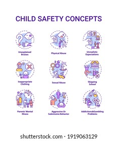 Child Safety Concept Icons Set. Parental Neglect. Domestic Abuse. Children Welfare. Kids Protection Idea Thin Line RGB Color Illustrations. Vector Isolated Outline Drawings. Editable Stroke