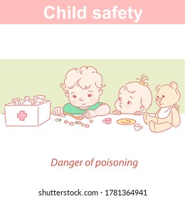 Child Safety. Dangers For Children In Everyday Life. Boy And Girl  Play With Medical Kit, Pillsl.Prevent The Death And Injury For Children From Poisoning With   Medicines Color Vector Illustration.