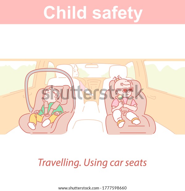 Child safety. Dangers for children in\
everyday life. Transport for family. Boy and girl si in car seats. \
Use car seat and belts. Prevent the death and injury of children. \
Color vector\
illustration.