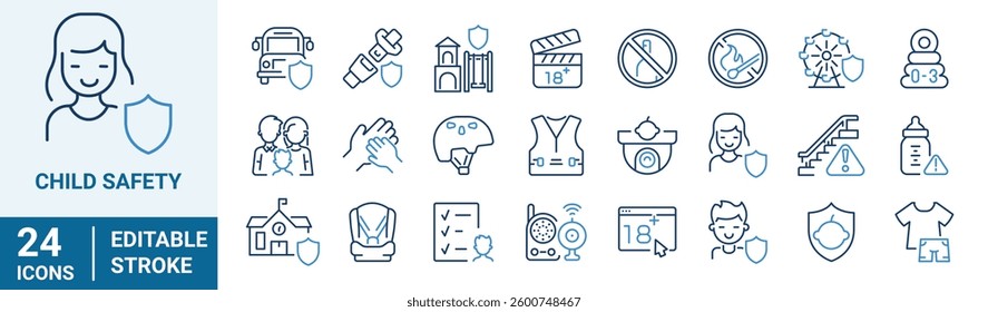 Child Safety line web icon set with protection, guarding, violence, abuse, neglect, quality education.