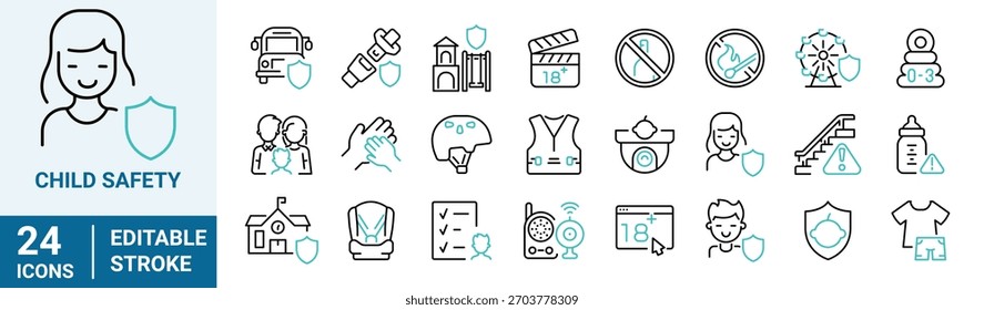 Child Safety line web icon set with protection, guarding, violence, abuse, neglect, quality education.