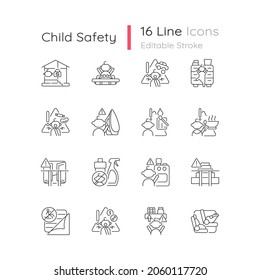 Child safety linear icons set  Baby security precautions  Keep away hazard things from kids  Customizable thin line contour symbols  Isolated vector outline illustrations  Editable stroke
