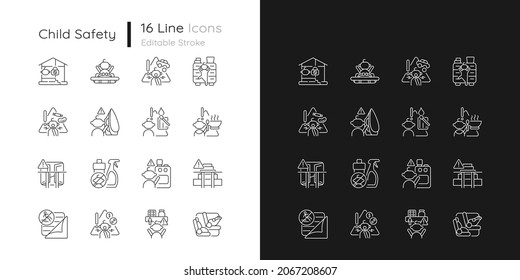 Child safety linear icons set for dark and light mode. Baby security precautions. Injuries prevention. Customizable thin line symbols. Isolated vector outline illustrations. Editable stroke
