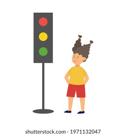 Child safety on road. A little girl is studying signals of traffic lights, rules of traffic and behavior on the street. Flat cartoon isolated vector illustration.