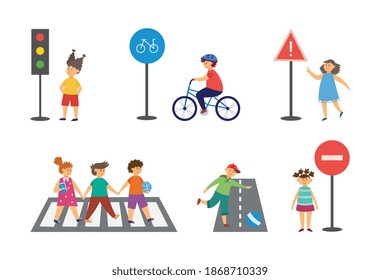 Child safety on street during riding bike, playing, crossing road. Little cartoon kids learning road signs, signals of traffic lights and rules. Vector isolated illustrations