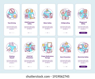 Child safety onboarding mobile app page screen with concepts set. Children protection walkthrough 5 steps graphic instructions. UI vector template with RGB color illustrations pack