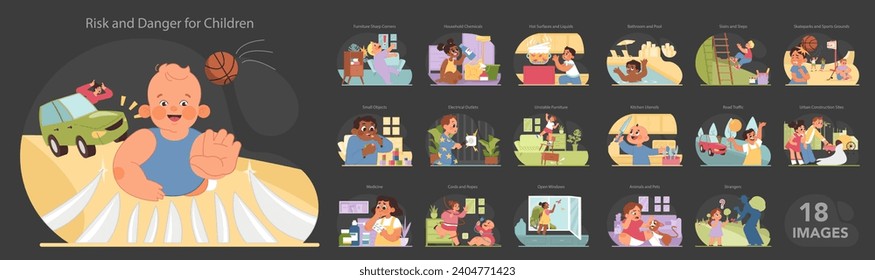 Child safety set. Kids in various dangerous situations. Household perils and outdoor hazards for toddlers. Awareness on domestic accidents, injuries prevention tips. Flat vector illustration