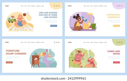 Child safety set. Kids in various dangerous situations. Household perils and outdoor hazards for toddlers. Awareness on domestic accidents, injuries prevention tips. Flat vector illustration