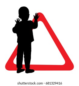 Child safety sign giving way. Silhouette of a boy and a red triangle. Illustration for your design