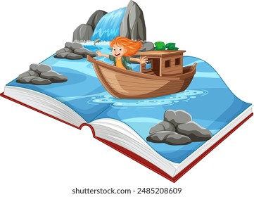 Kind segelt auf einem Bücherfluss