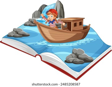 Child sailing on a book's pages