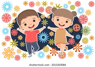 Child with salute. Little boy and girl. Fireworks at birthday party. Kid is jumping for joy at party. Charming active cute character kid. Birthday. Cartoon style. Isolated. Vector