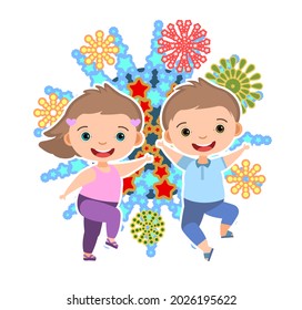 Child with salute. Little boy and girl. Fireworks at birthday party. Kid is jumping for joy at party. Charming active cute character kid. Birthday. Cartoon style. Isolated. Vector