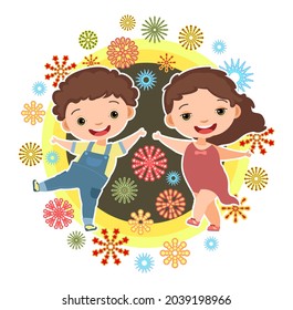 Niño con saludo. Niño y niña. Fuegos artificiales en la fiesta de cumpleaños. El chico está saltando de alegría en la fiesta. Encantador chico lindo personaje activo. Cumpleaños. Estilo de caricatura. Aislado. Vector.