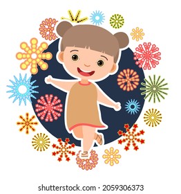 Child with salute. Little girl. In clothes. Fireworks at birthday party. Kid is jumping for joy at party. Charming active cute character kid. Birthday. Cartoon style. Isolated. Vector.