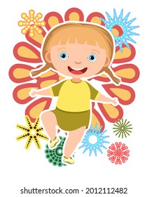 Child with salute. Little girl. In yellow clothes. Fireworks at birthday party. Kid is jumping for joy at party. Charming active cute character kid. Birthday. Cartoon style. Isolated. Vector