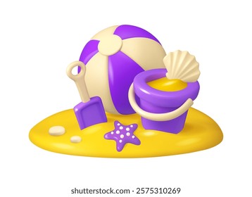 Child sand toys vector 3d design. Beach games cartoon concept. Ball, bucket with shovel and starfish. Summer family vacation illustration isolated