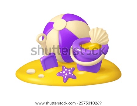 Child sand toys vector 3d design. Beach games cartoon concept. Ball, bucket with shovel and starfish. Summer family vacation illustration isolated