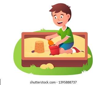 Child sandbox game. Happy smiling kid play in sand pit playground making toy bucket castle using shovel. Summer children activity. Flat vector character illustration