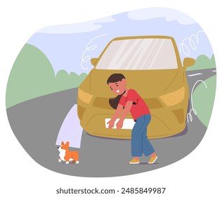 Child Saving A Small Dog From An Oncoming Car While Crossing The Street. Image Demonstrates Road Safety And Quick Thinking In Avoiding Accidents. Emphasizes Careful Attention And Concern For Safety