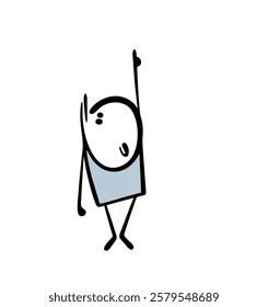 Child saw something in the sky and points with his finger. Vector illustration of stickman attracts attention, looks up, is surprised. Isolated funny character on white background.