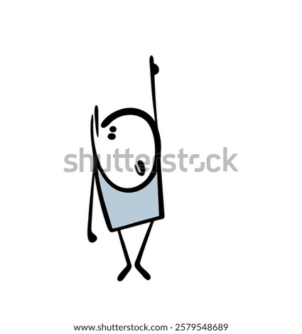 Child saw something in the sky and points with his finger. Vector illustration of stickman attracts attention, looks up, is surprised. Isolated funny character on white background.
