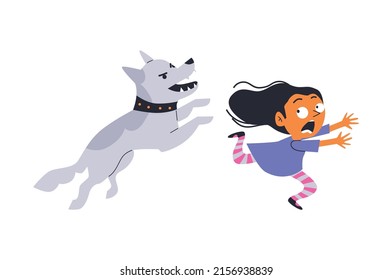 Child scared because an angry dog is chasing him, flat cartoon vector illustration isolated on white background. Children fears and phobias psychological aspect.