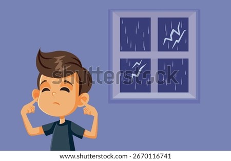 
Child Scared of Thunder During Storm Covering Ears Vector Illustration. Anxious little boy hearing the loud noisy storm being in distress