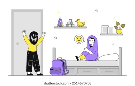 A criança assusta o amigo. Criança em máscara assustadora no quarto assusta menino. Garoto irritado e chateado. Medo e horror pelo Halloween ou pelo carnaval. Ilustração de vetor linear isolada no plano de fundo branco