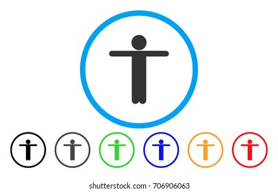 Child Scarescrow vector rounded icon. Image style is a flat gray icon symbol inside a blue circle. Additional color versions are grey, black, blue, green, red, orange.
