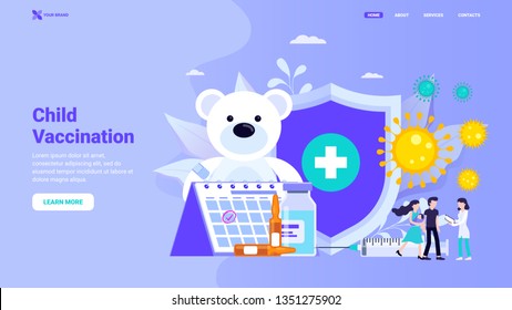 Child scheduled vaccination, family vaccination website concept. Child disease prophylaxis and prevention. Flat vector illustration with characters for website, landing page, banner, hero image