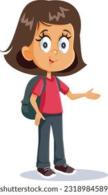 
Child with School Bag Presenting with Hand Gesture Vector Illustration. Cute and adorable schoolgirl advertising a sale offer 
