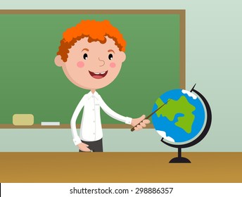 The child is in school. The boy in the school geography class.
