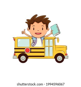 Child school bus, happy cute kid