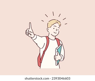 A child from school holds a textbook and points his finger up. Hand drawn style vector design illustrations.